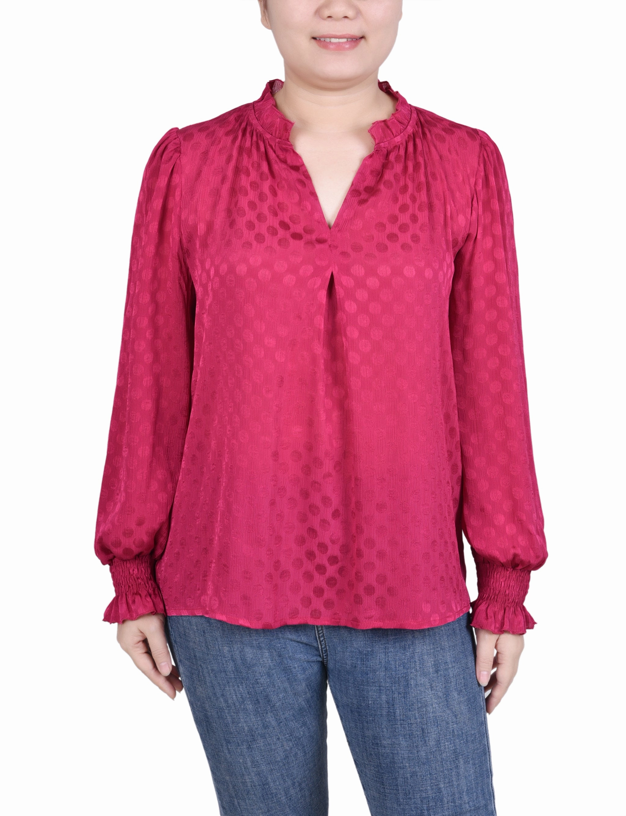 Earthy Tone Colorways Interlock Knit Long Sleeve Smocked Cuff Blouse