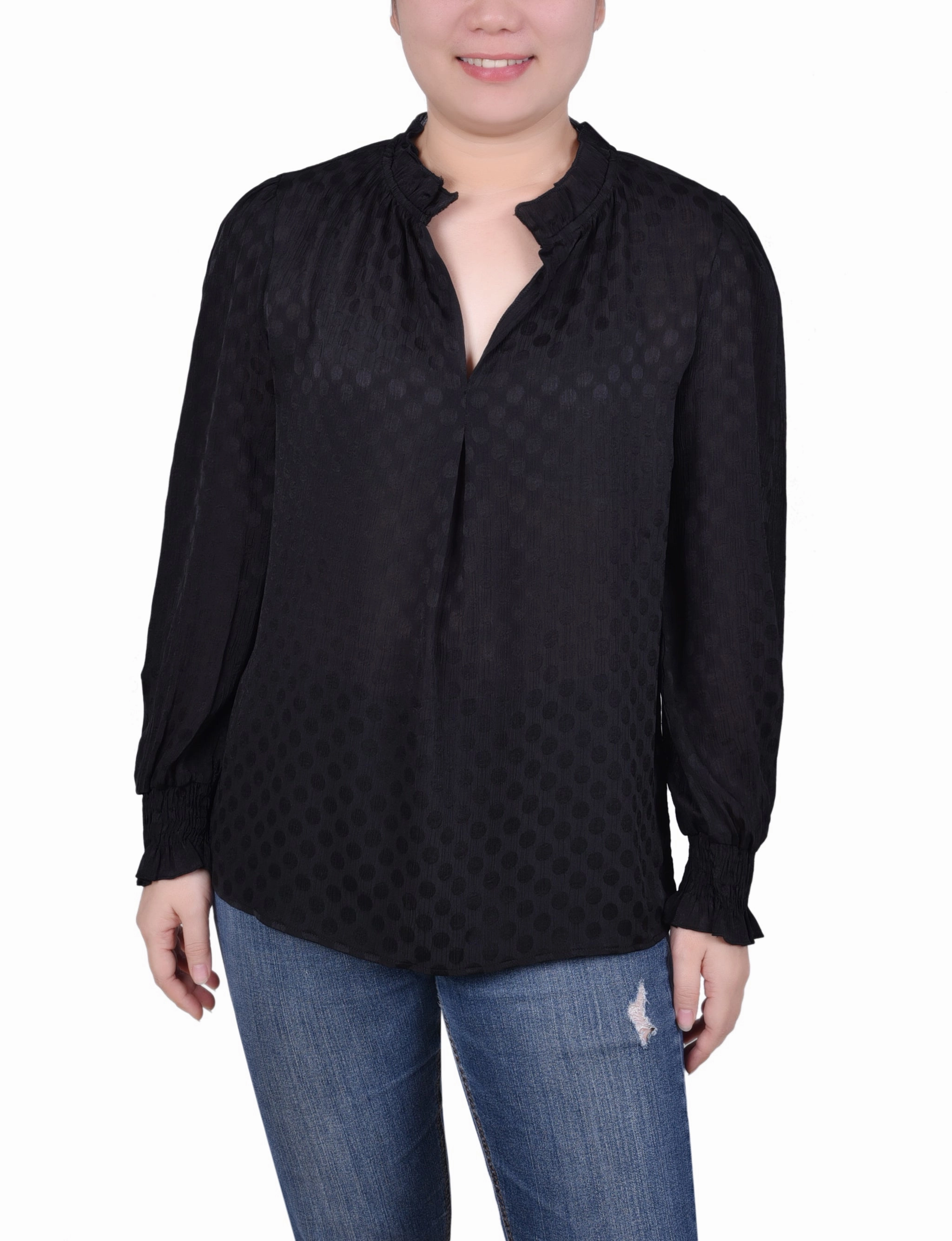 Long Sleeve Smocked Cuff Blouse Casual Pullover