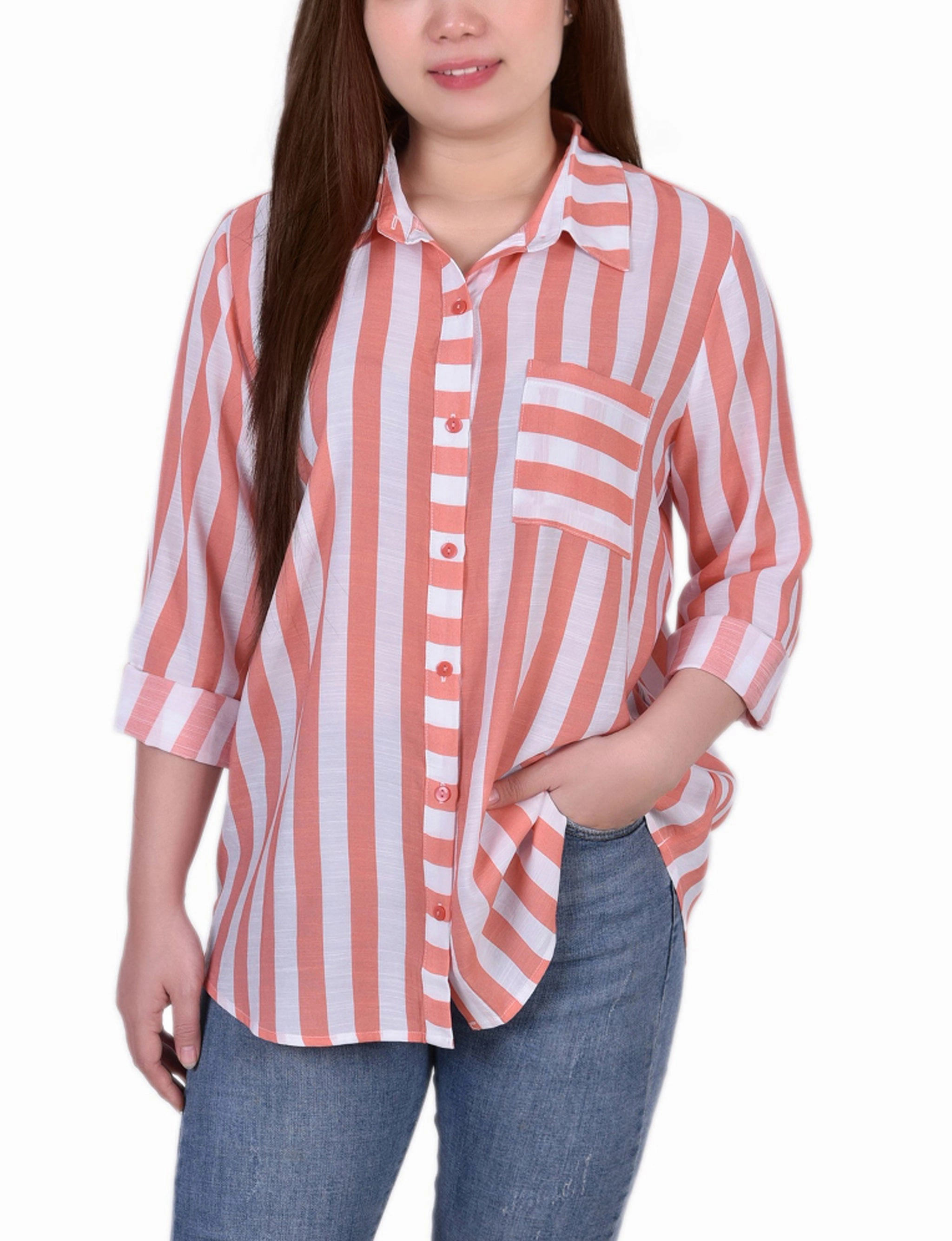 Long Sleeve Striped Blouse MicrofiberBlend HighStretch