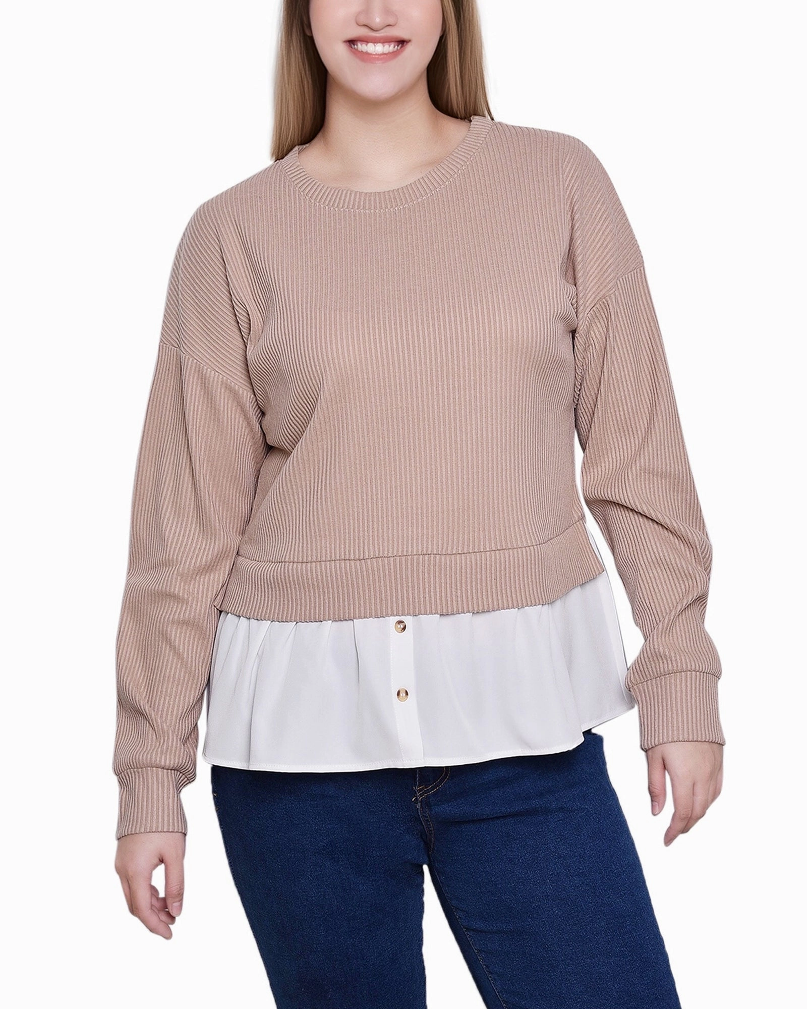 Brushed Interior Retro Style Long Sleeve Two-Fer Top With Gathered Inset