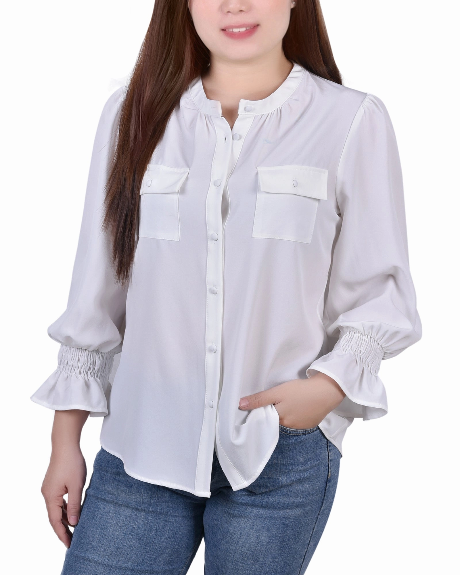 retro look MultiFunctional Pocket Placement Long Sleeve Y Neck Blouse