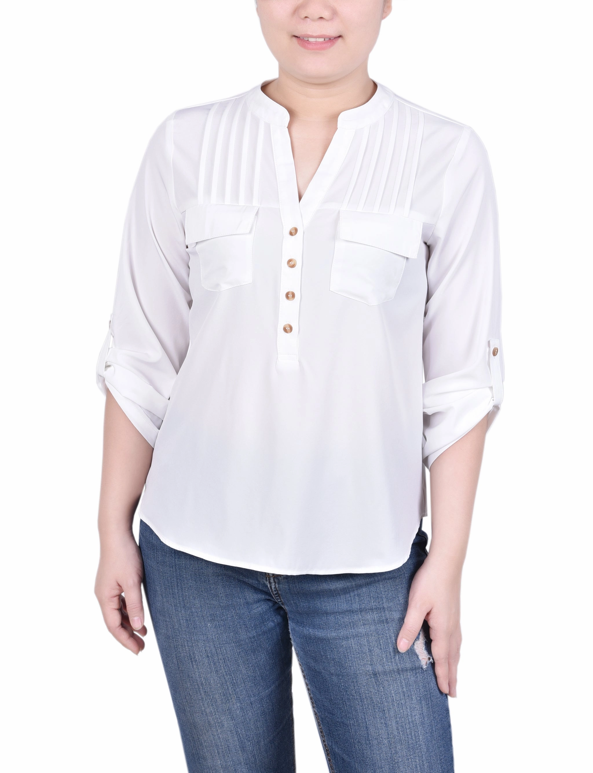 Active Tee Durable Reinforced Elbows Long Tab-Sleeve Blouse With Pockets