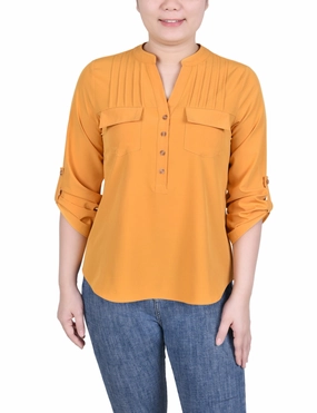 Hidden Pocket Athletic Look Long Tab-Sleeve Blouse With Pockets