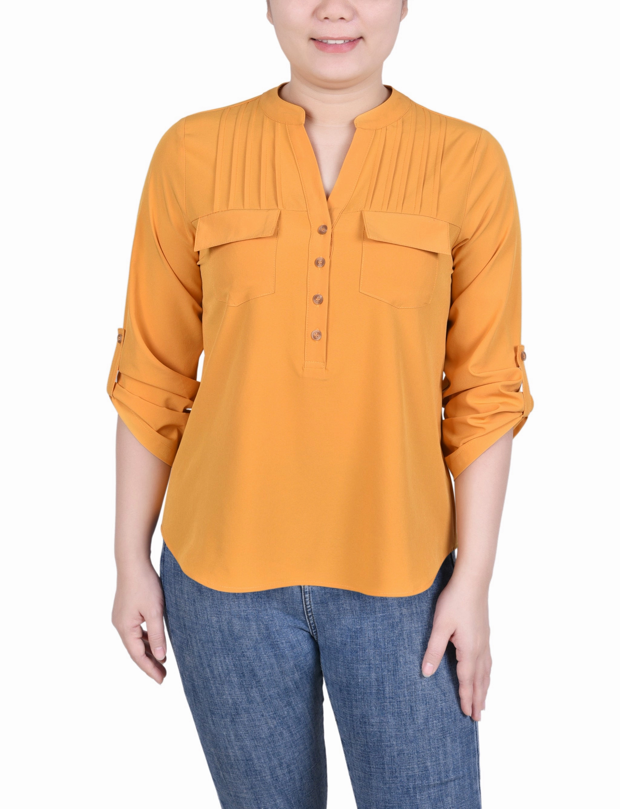 Retro design Contrast Stitch Long Tab-Sleeve Blouse With Pockets