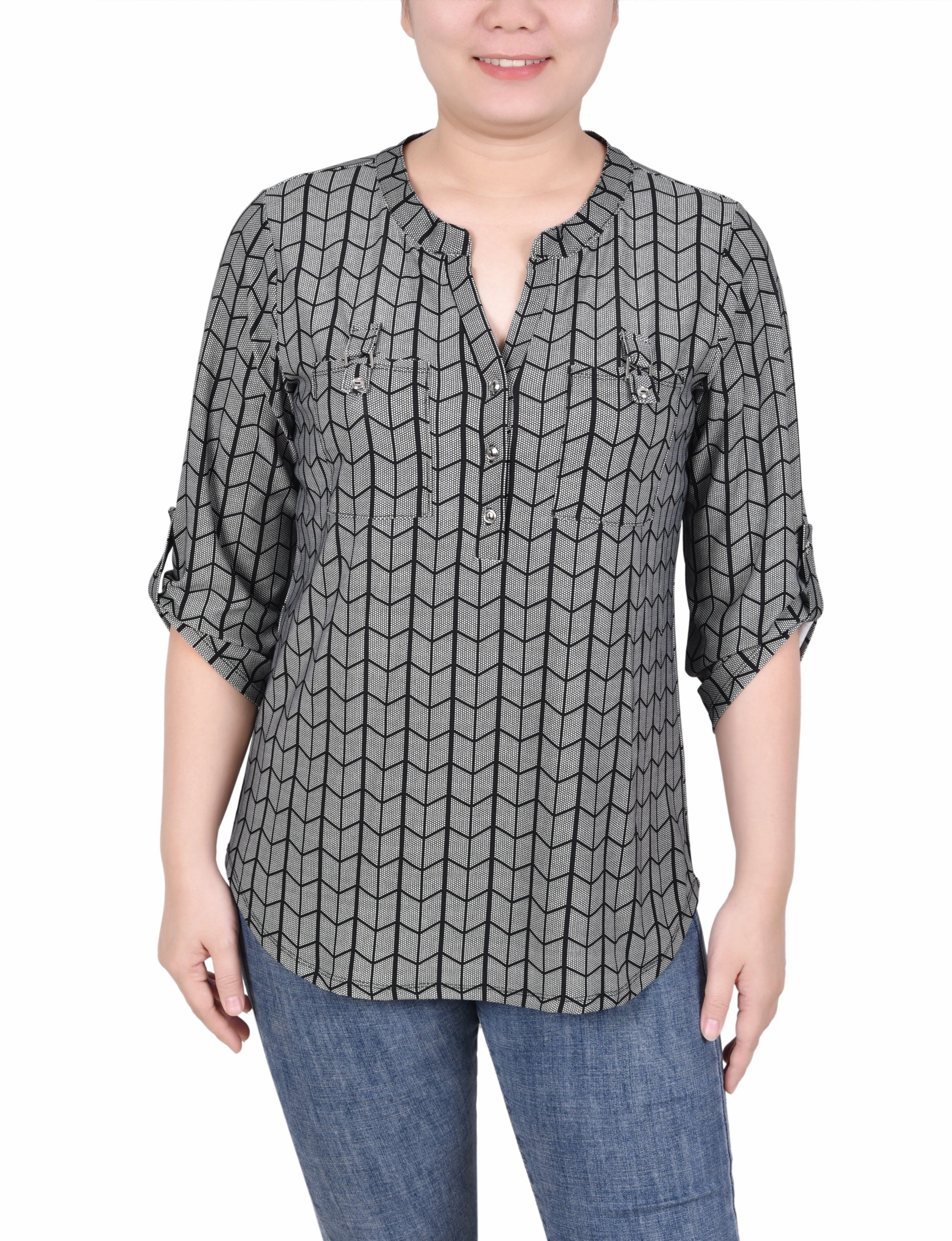 Long Tab-Sleeve Top With Pockets Simple Shirt Ultra Soft Handfeel