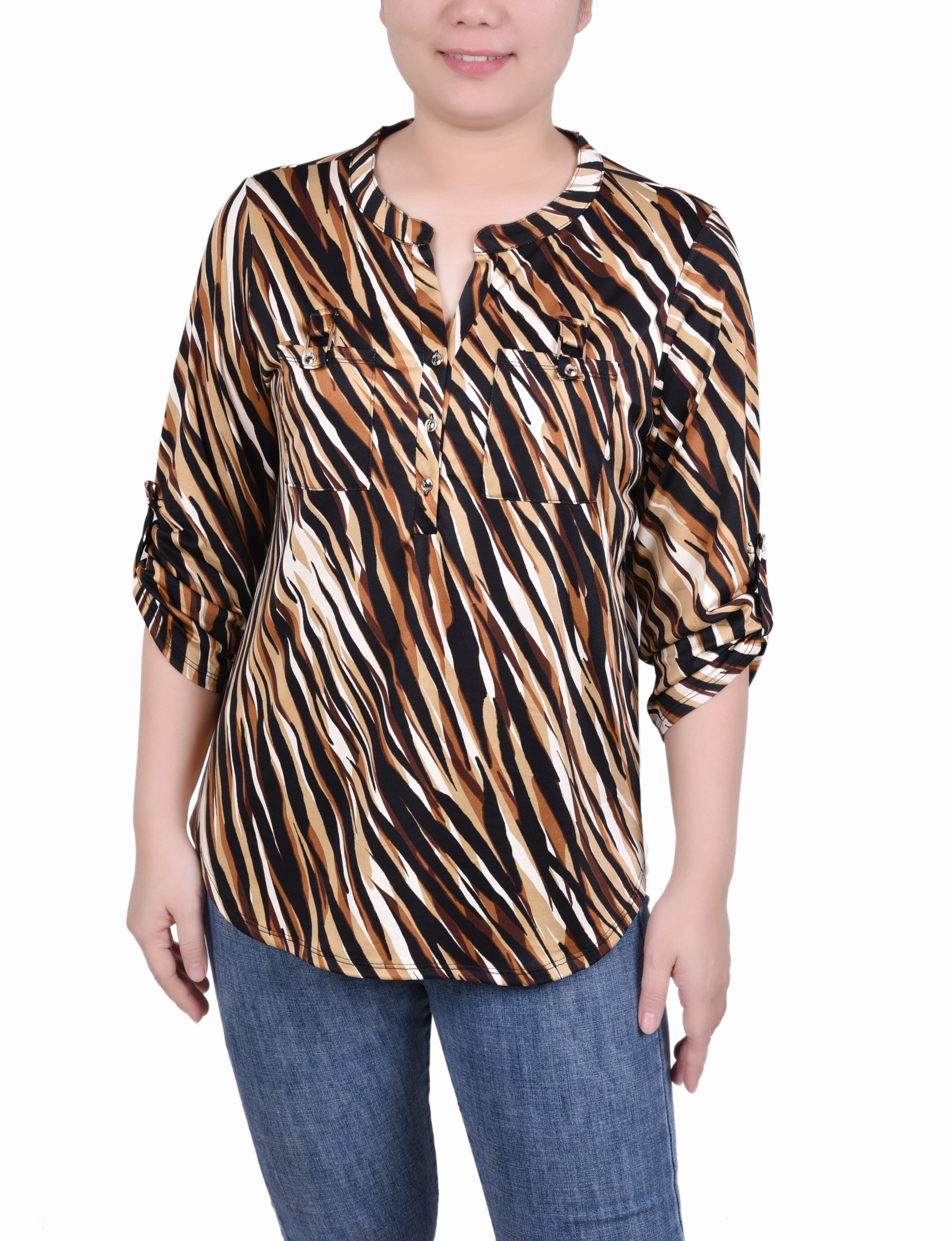 Long Tab-Sleeve Top With Pockets HiddenStoragePocket