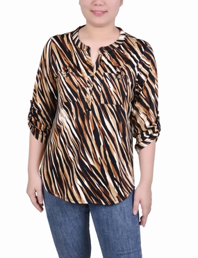 Long Tab-Sleeve Top With Pockets Simple Shirt Reinforced Hem