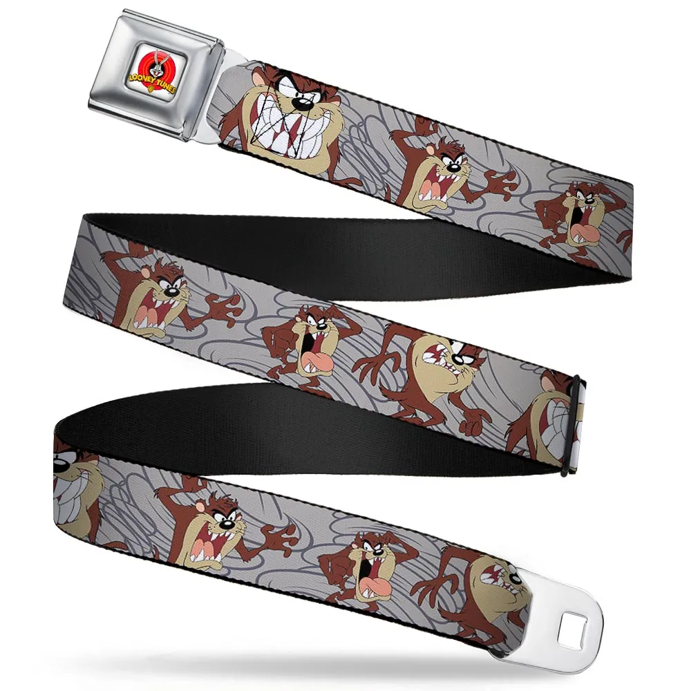 Looney Tunes Logo Full Color White Seatbelt Belt - Tasmanian Devil Expressions Gray Swirl Webbing