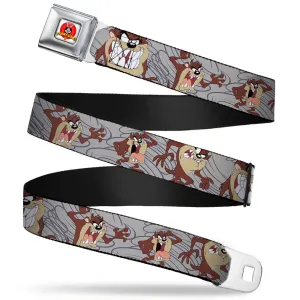 Looney Tunes Logo Full Color White Seatbelt Belt - Tasmanian Devil Expressions Gray Swirl Webbing