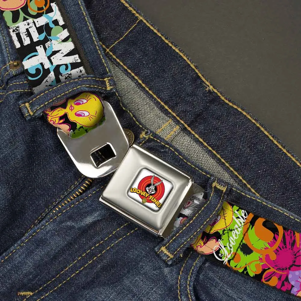 Looney Tunes Logo Full Color White Seatbelt Belt - Tweety Bird Poses LITTLE CUTIE-LOVEABLE Black/Multi Color Webbing