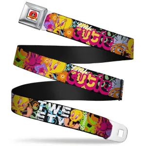 Looney Tunes Logo Full Color White Seatbelt Belt - Tweety Bird Poses LITTLE CUTIE-LOVEABLE Black/Multi Color Webbing