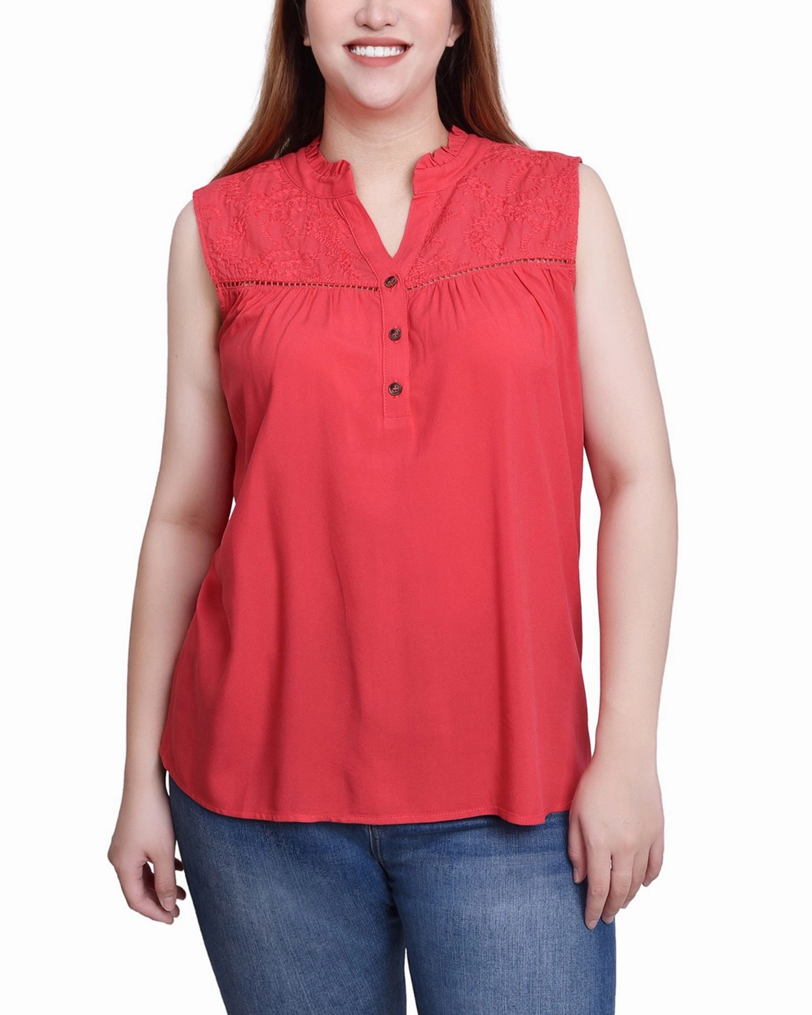 Elasticized Waistband Petite Sleeveless Yoked Blouse