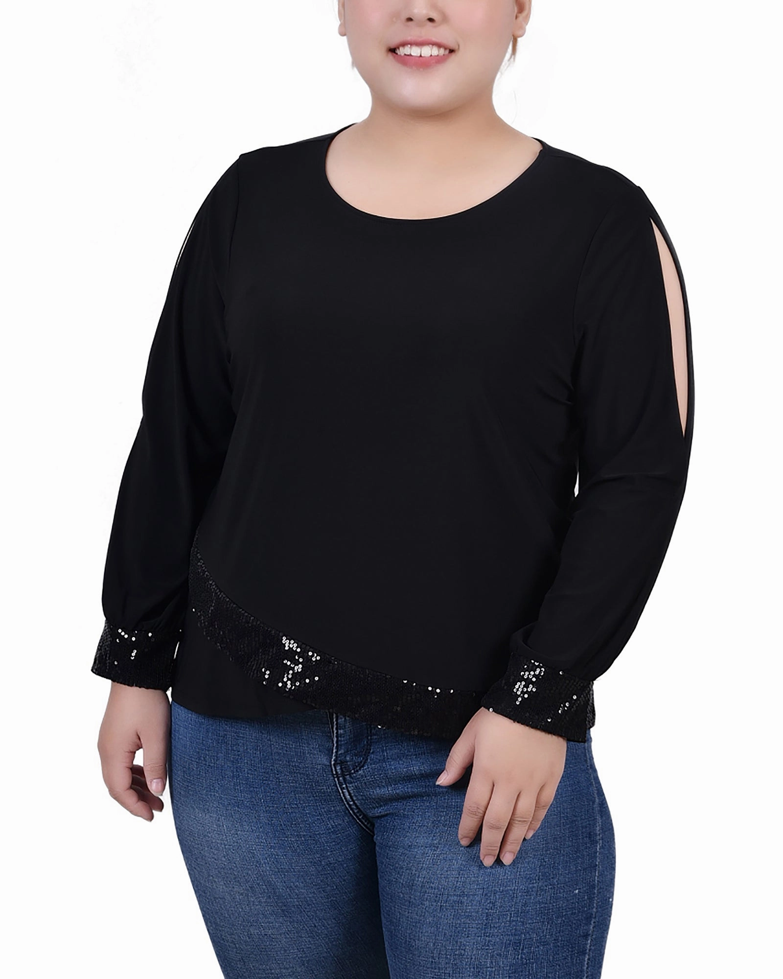Plus Size Long Sleeve Knit Top With Sequin Hem Layered Collar Design