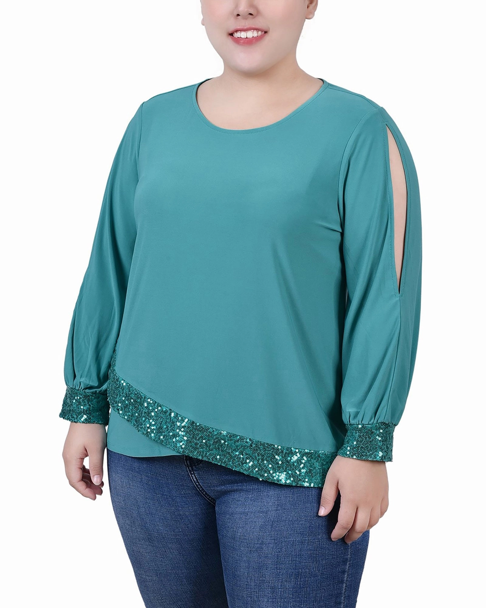Plus Size Long Sleeve Knit Top With Sequin Hem Adjustable Cuffs
