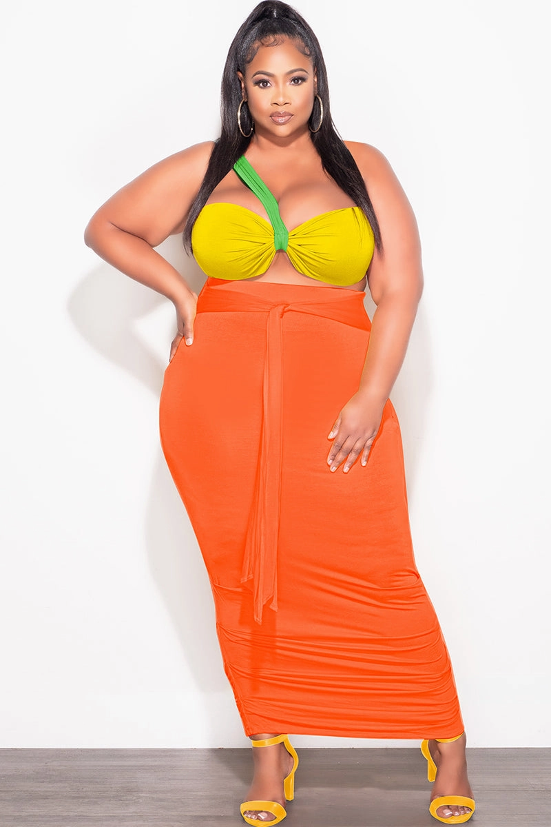 tailored look Final Sale Plus Size 2pc One Shoulder Twist Front Crop Top and Ruched Skirt in Green Yellow and Orange