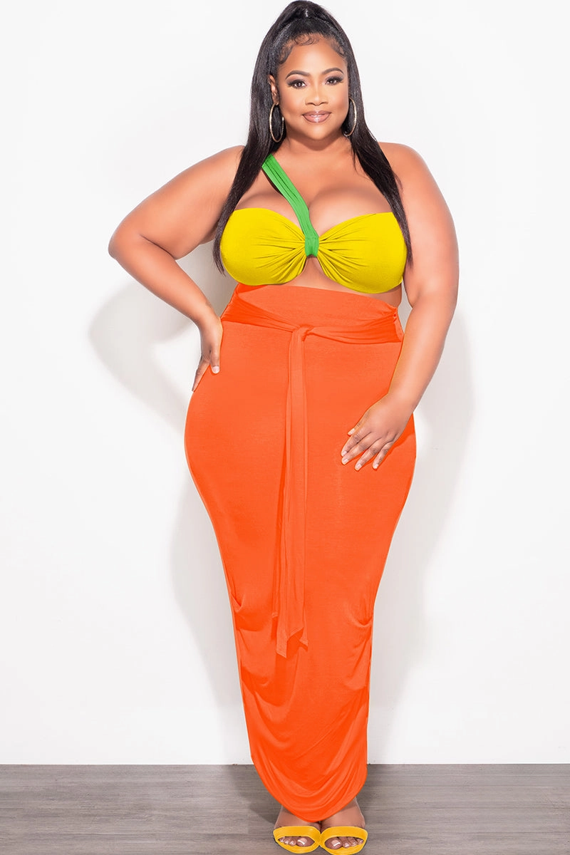 Cozy Touch Flattering Style Final Sale Plus Size 2pc One Shoulder Twist Front Crop Top and Ruched Skirt in Green Yellow and Orange