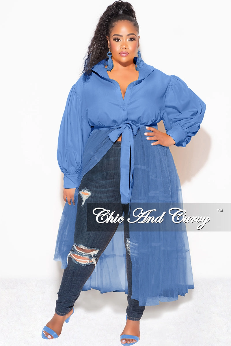 Final Sale Plus Size Puffy Long Sleeve Button Up Top with Mesh Train in Blue Casual Layer Fit Quick Wash