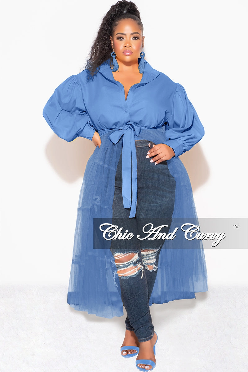 Final Sale Plus Size Puffy Long Sleeve Button Up Top with Mesh Train in Blue Flexible Comfort Wear