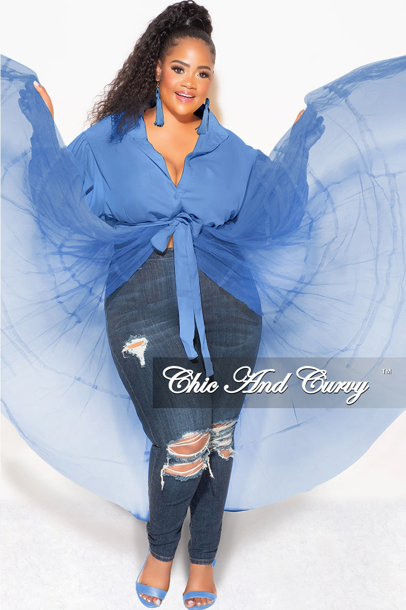 Sustainable Material Blend Smart Utility Final Sale Plus Size Puffy Long Sleeve Button Up Top with Mesh Train in Blue