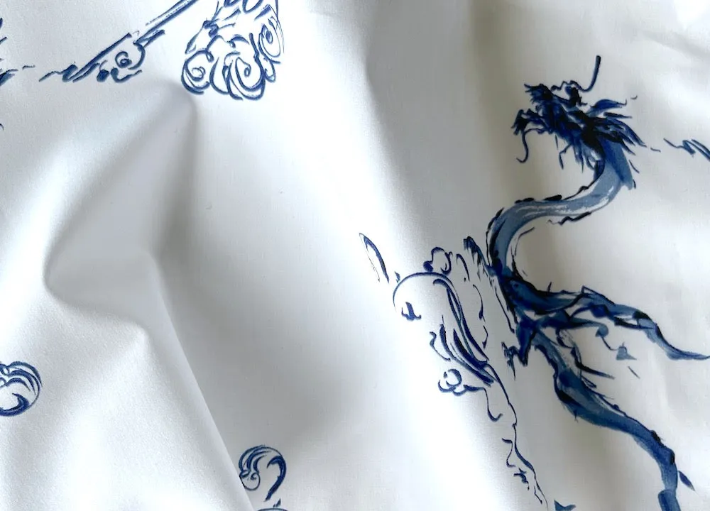 Loosely Sketched Indigo Dragons Cotton Poplin (Made in Italy)