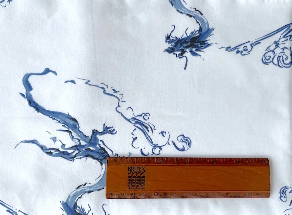 Loosely Sketched Indigo Dragons Cotton Poplin (Made in Italy)