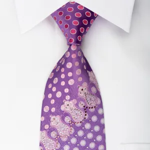 Louis Quatorze Rhinestone Silk Necktie Pink Dots On Purple With Silver Sparkles