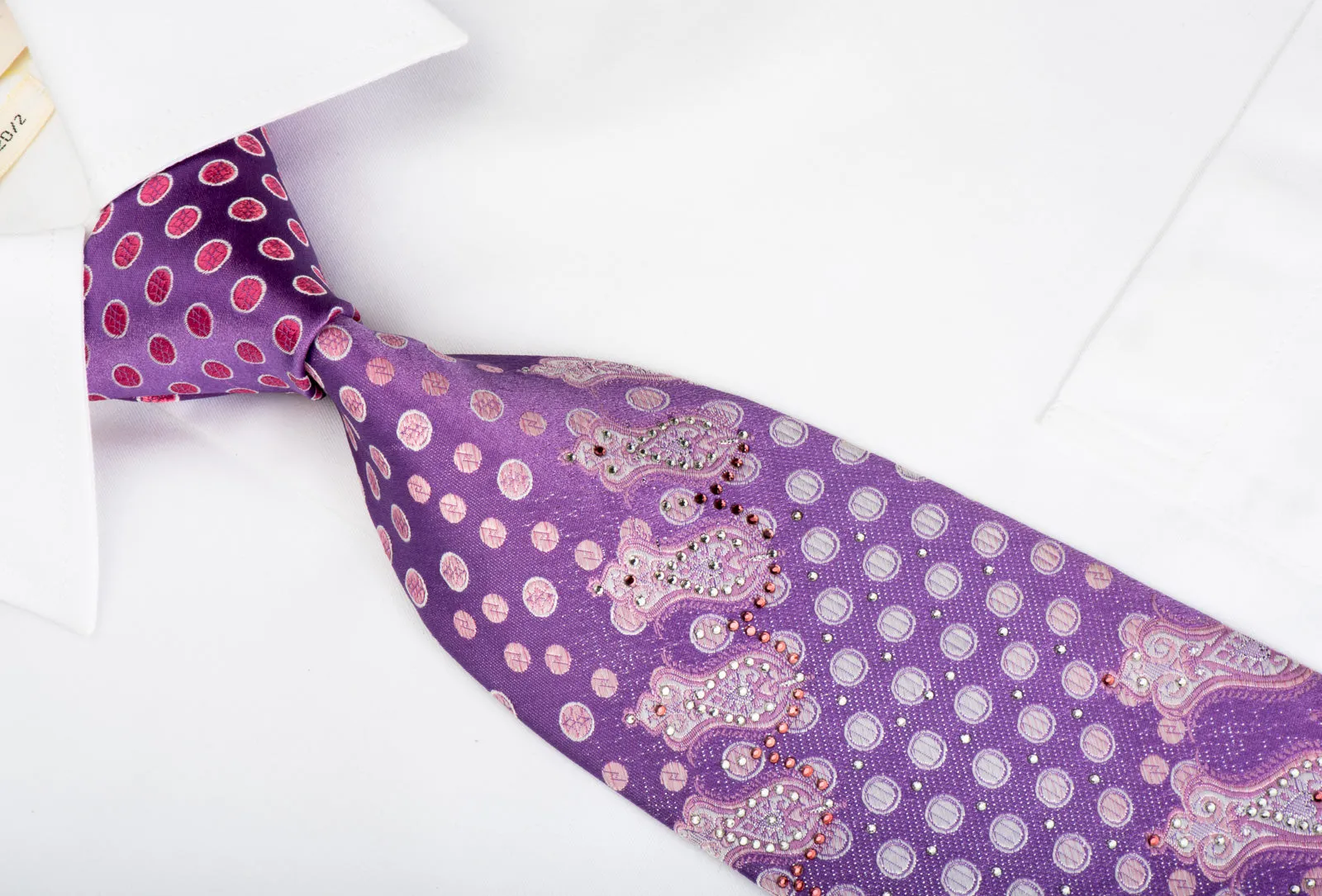 Louis Quatorze Rhinestone Silk Necktie Pink Dots On Purple With Silver Sparkles