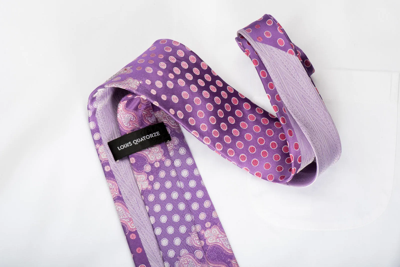 Louis Quatorze Rhinestone Silk Necktie Pink Dots On Purple With Silver Sparkles