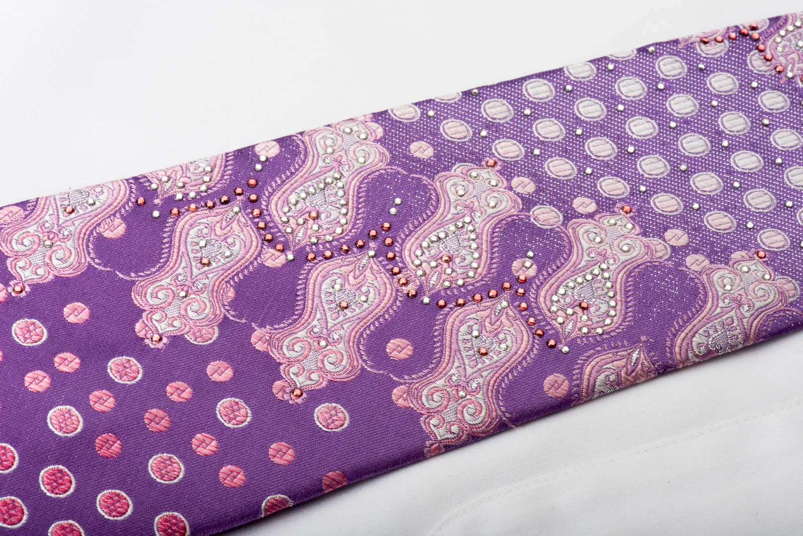 Louis Quatorze Rhinestone Silk Necktie Pink Dots On Purple With Silver Sparkles