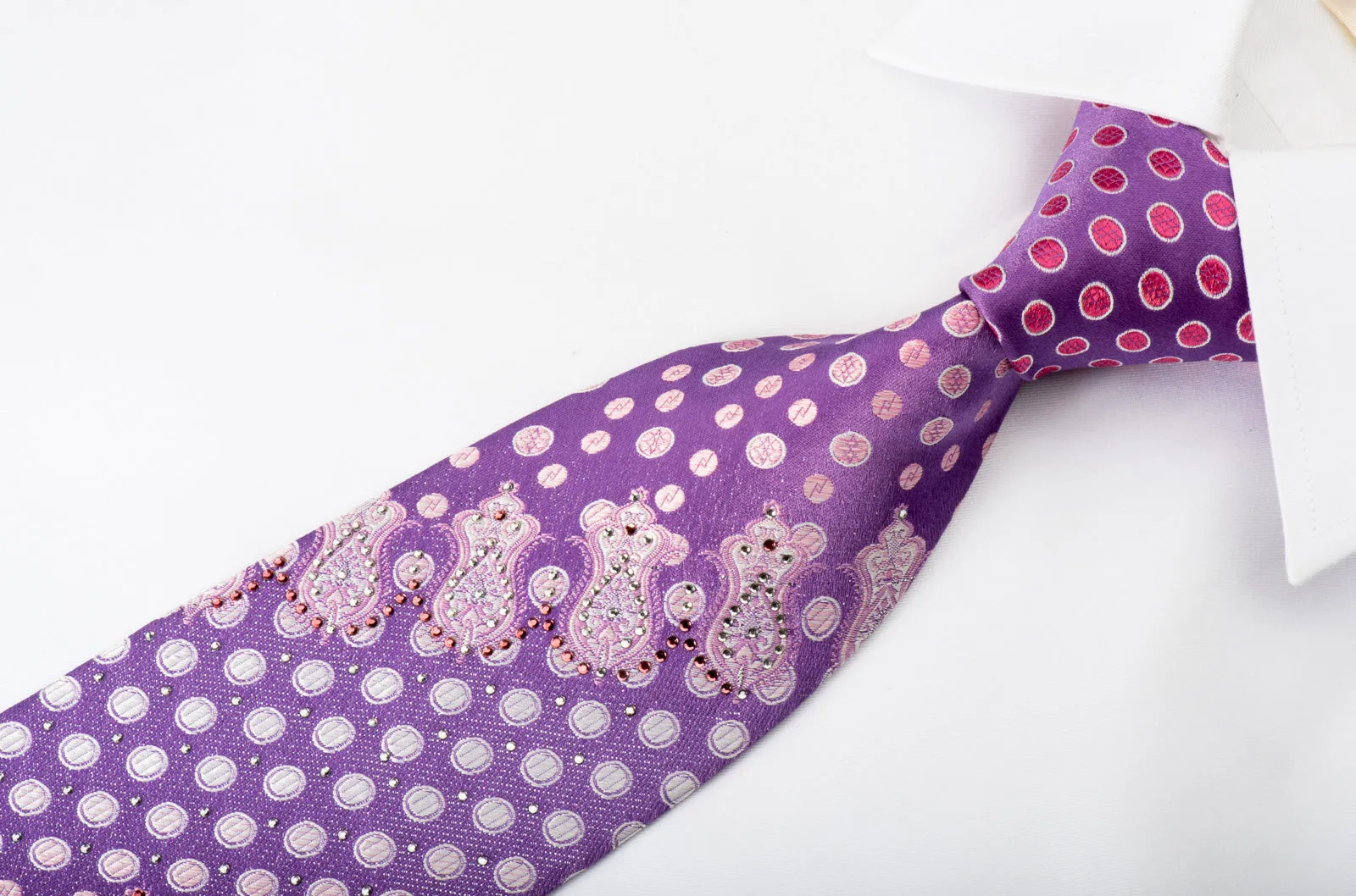 Louis Quatorze Rhinestone Silk Necktie Pink Dots On Purple With Silver Sparkles