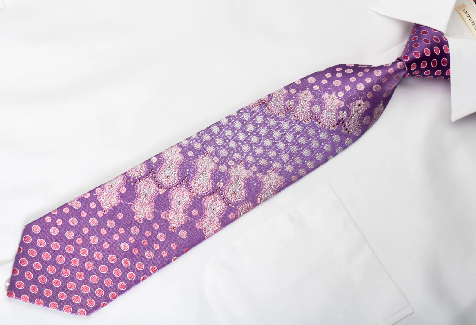 Louis Quatorze Rhinestone Silk Necktie Pink Dots On Purple With Silver Sparkles