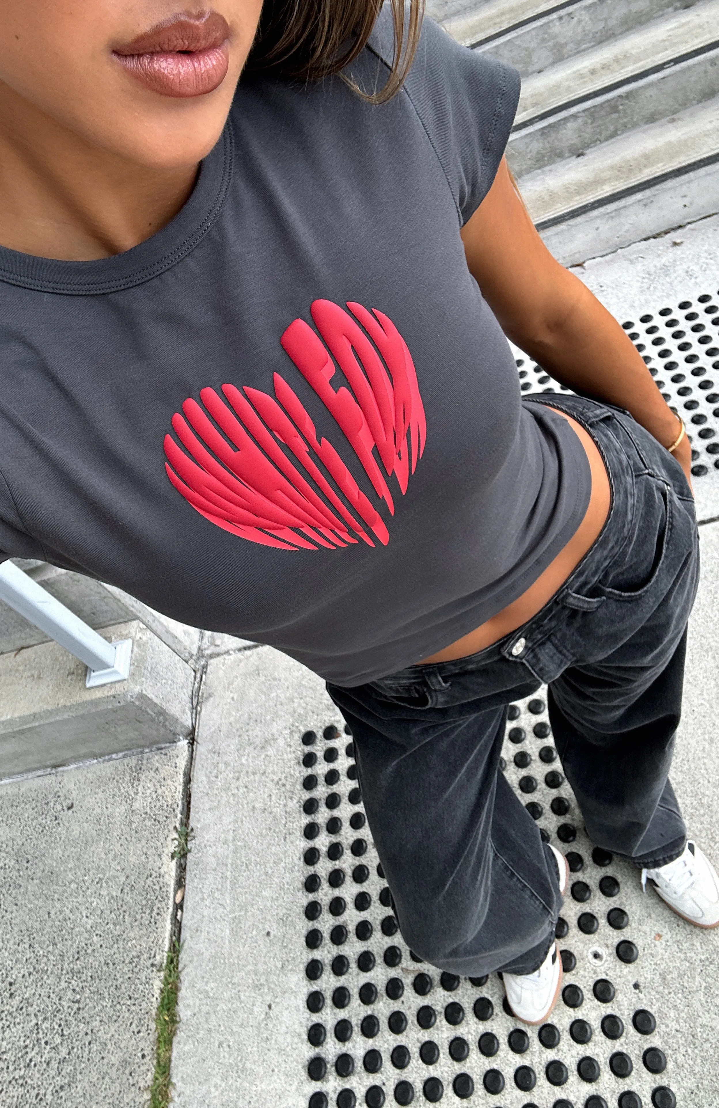 DurableCollarStays Soft touch finish Love Burst Baby Tee Charcoal