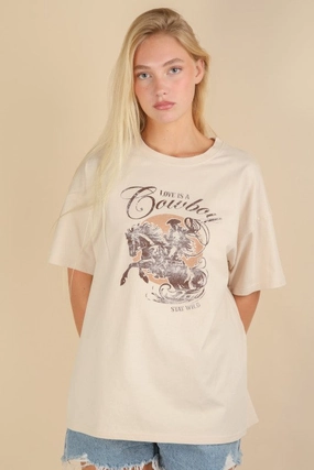 Love Is A Cowboy Graphic Top Reinforced Hem Stitching