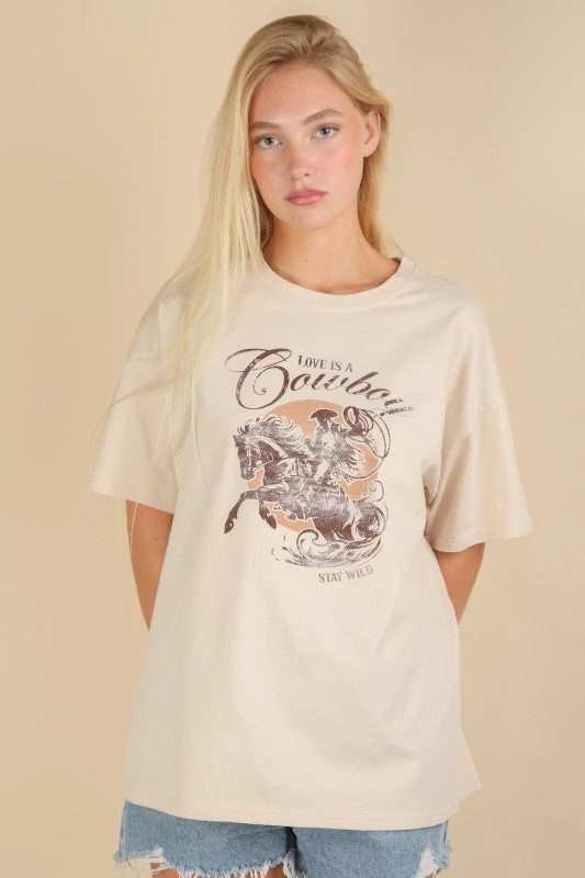 Love Is A Cowboy Graphic Top Reinforced Hem Stitching