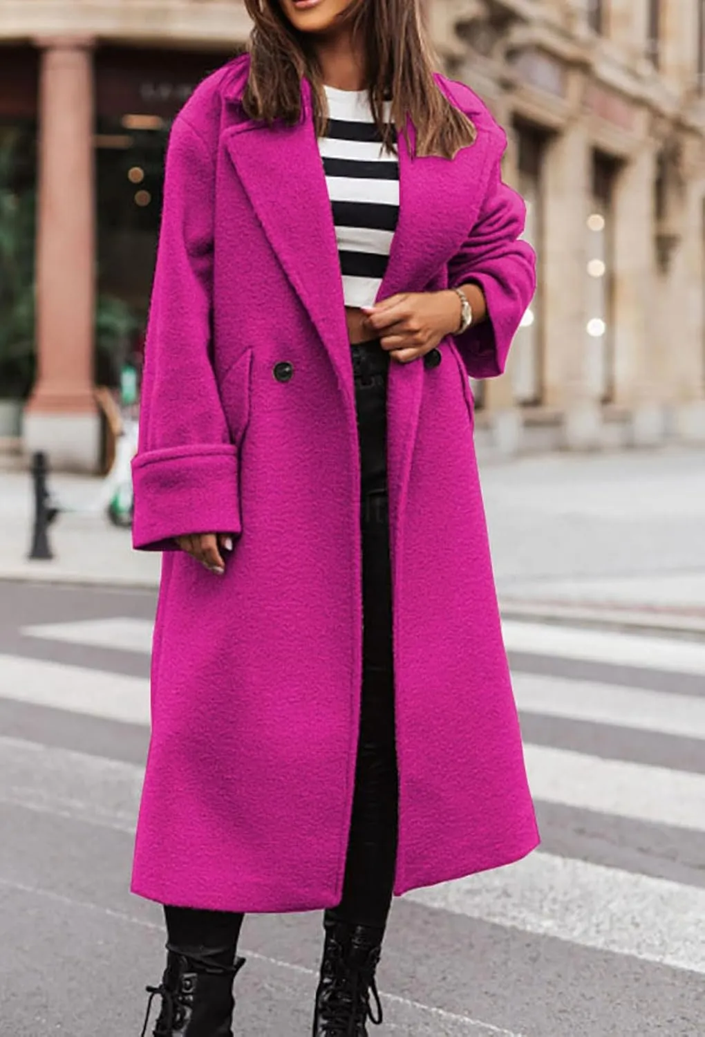 loveimgs Women Double Breasted Long Wool Coat Trench Coat Overcoat Notched Collar Winter Woolen Pea Coat Jacket