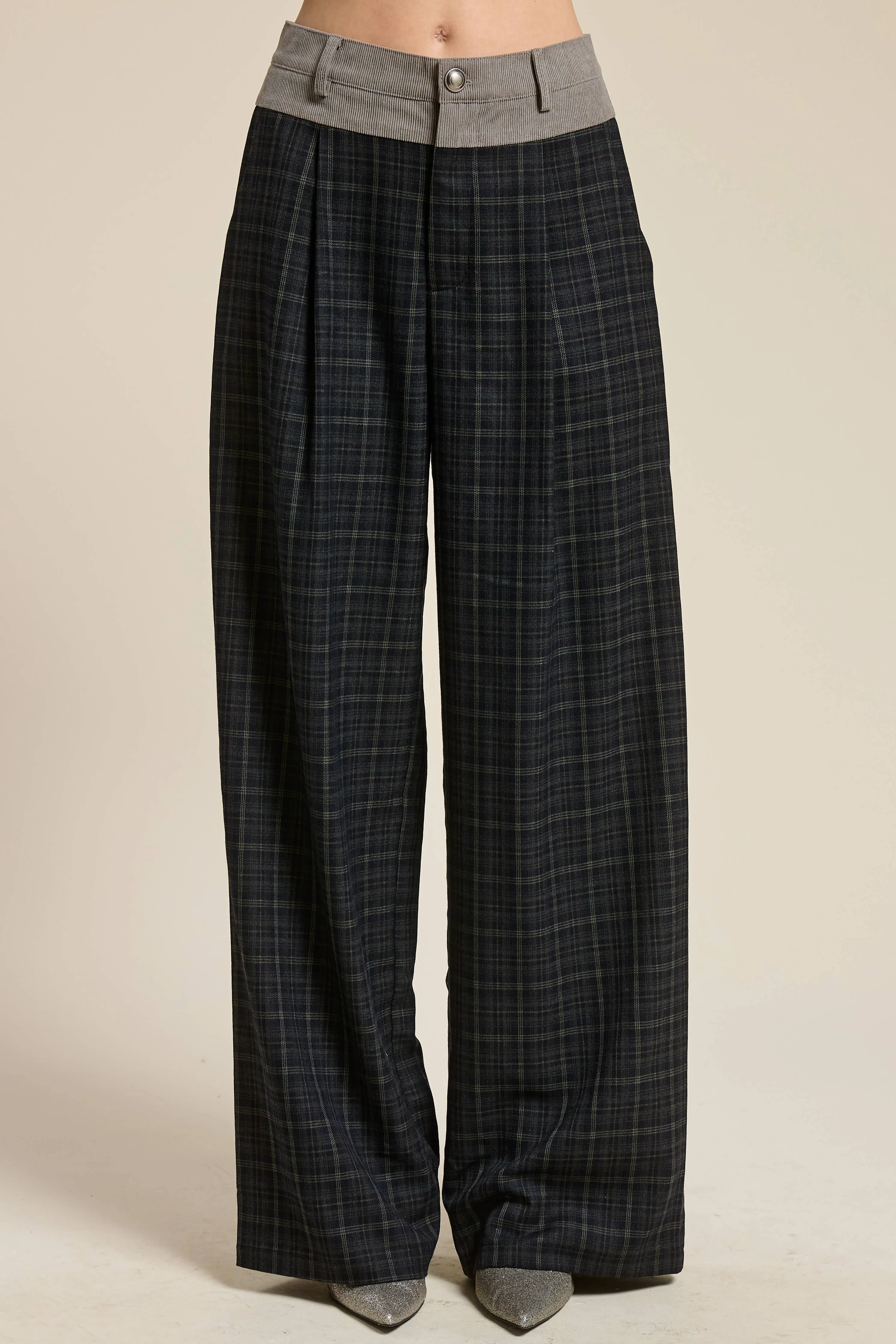 Mixed Media Plaid Trousers Eco Friendly Fabric