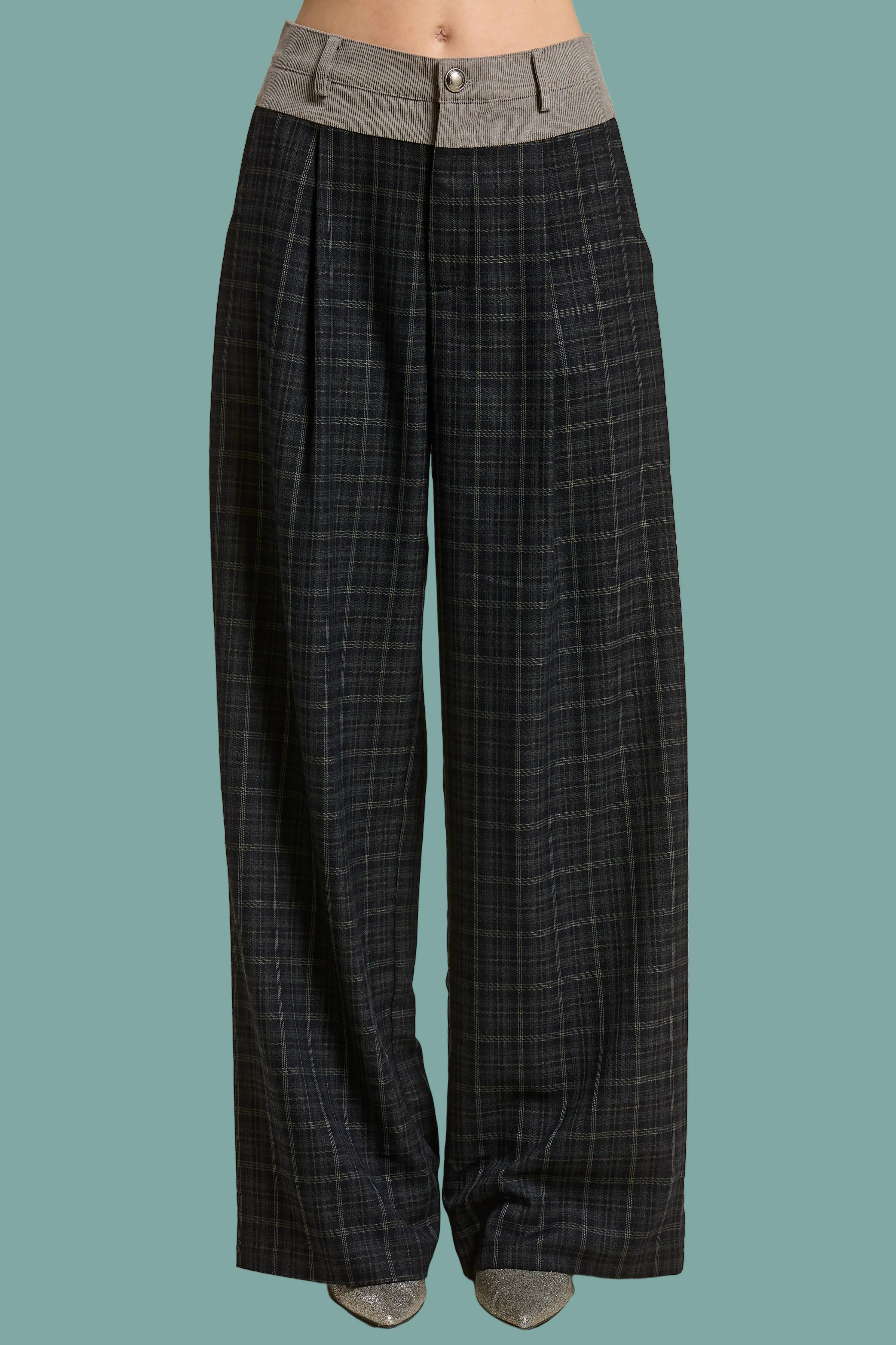 No Fuss Chilly Day Ready Mixed Media Plaid Trousers