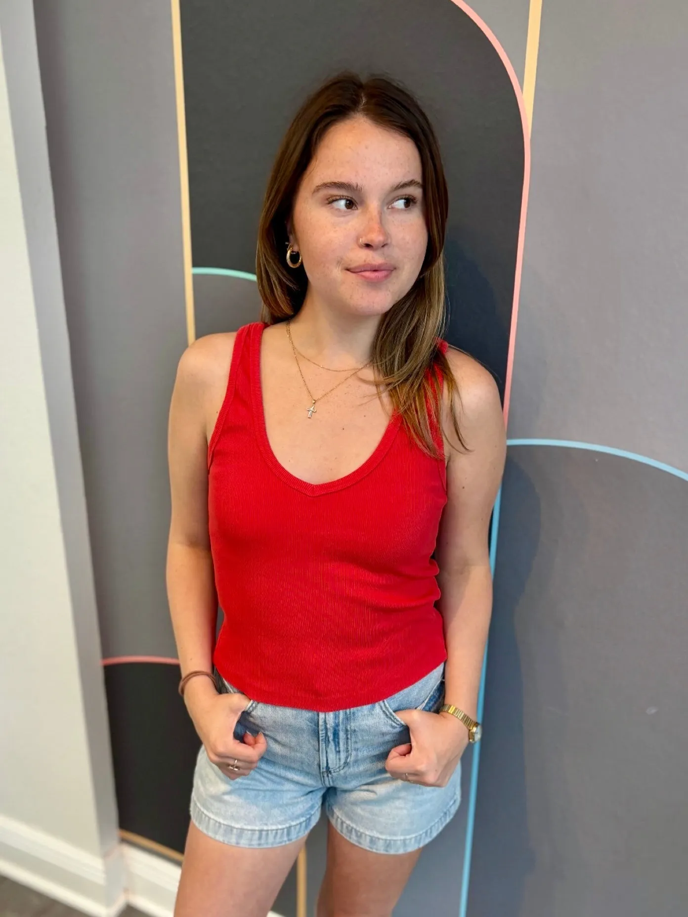 high - speed movement Maria Rib V Neck Tank - Poppy Red