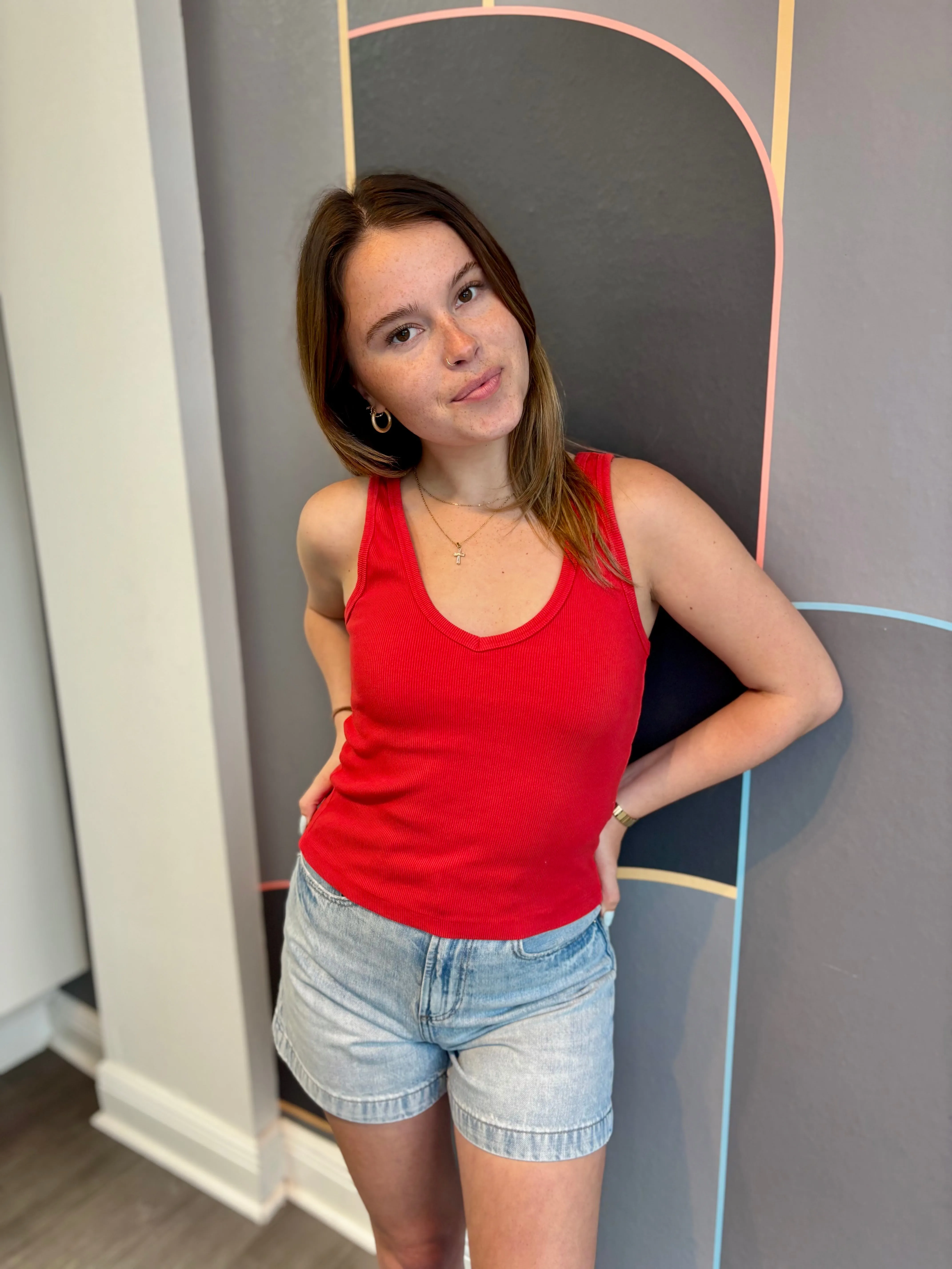 Maria Rib V Neck Tank - Poppy Red UVProtectionCoating RibbedTrim