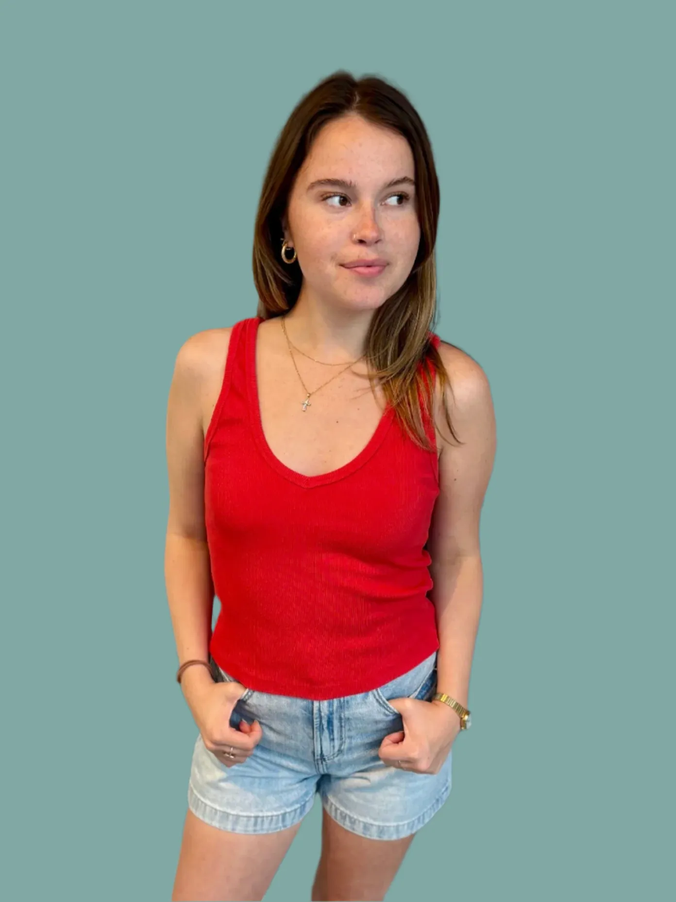 Maria Rib V Neck Tank - Poppy Red All Weather Performance Fabric Tailored Placket