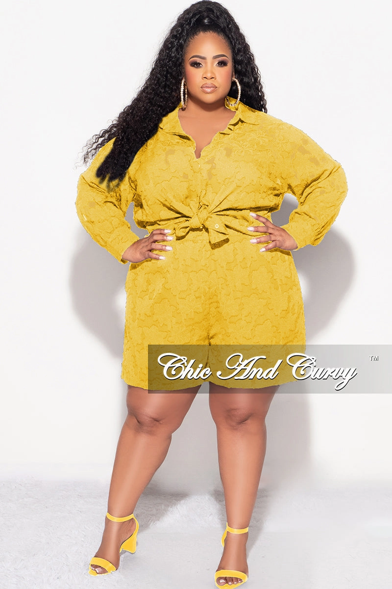 Final Sale Plus Size 2pc Collar Button Up Top And Short Set In Mustard Essential Look