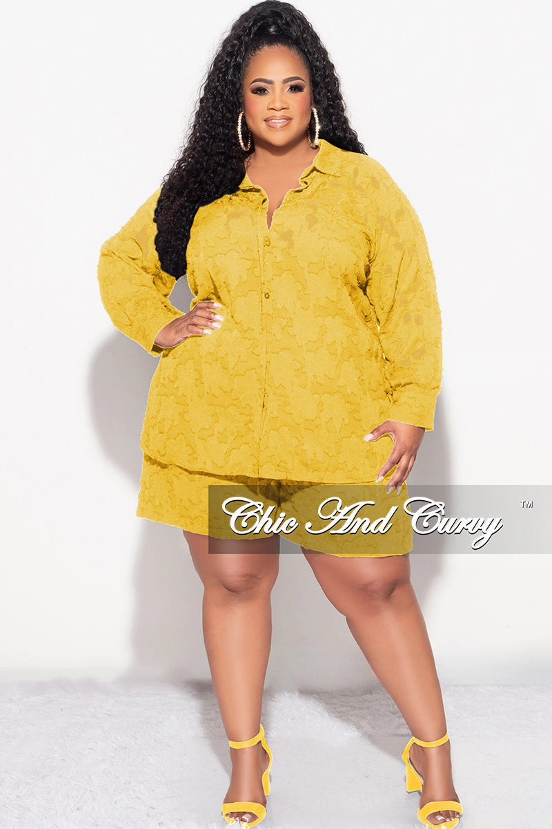 Final Sale Plus Size 2pc Collar Button Up Top And Short Set In Mustard Comfy Movement Tight Waist