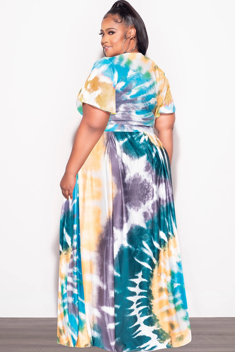 Final Sale Plus Size 2pc (Faux Wrap Crop Tie Top & Skirt) Set in Teal / Mustard Tie Dye Print Active Stretch Stretch Fit