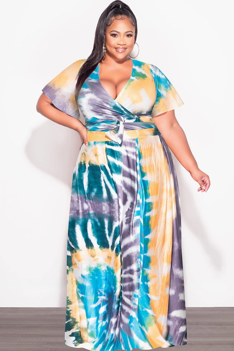 Final Sale Plus Size 2pc (Faux Wrap Crop Tie Top & Skirt) Set in Teal / Mustard Tie Dye Print Flexible Seam Sport Fit