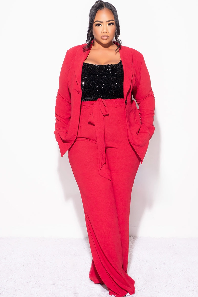 Relaxed Comfort Fit Loose Design Final Sale Plus Size 2pc Oversized Pants Suit in Burgundy Wine