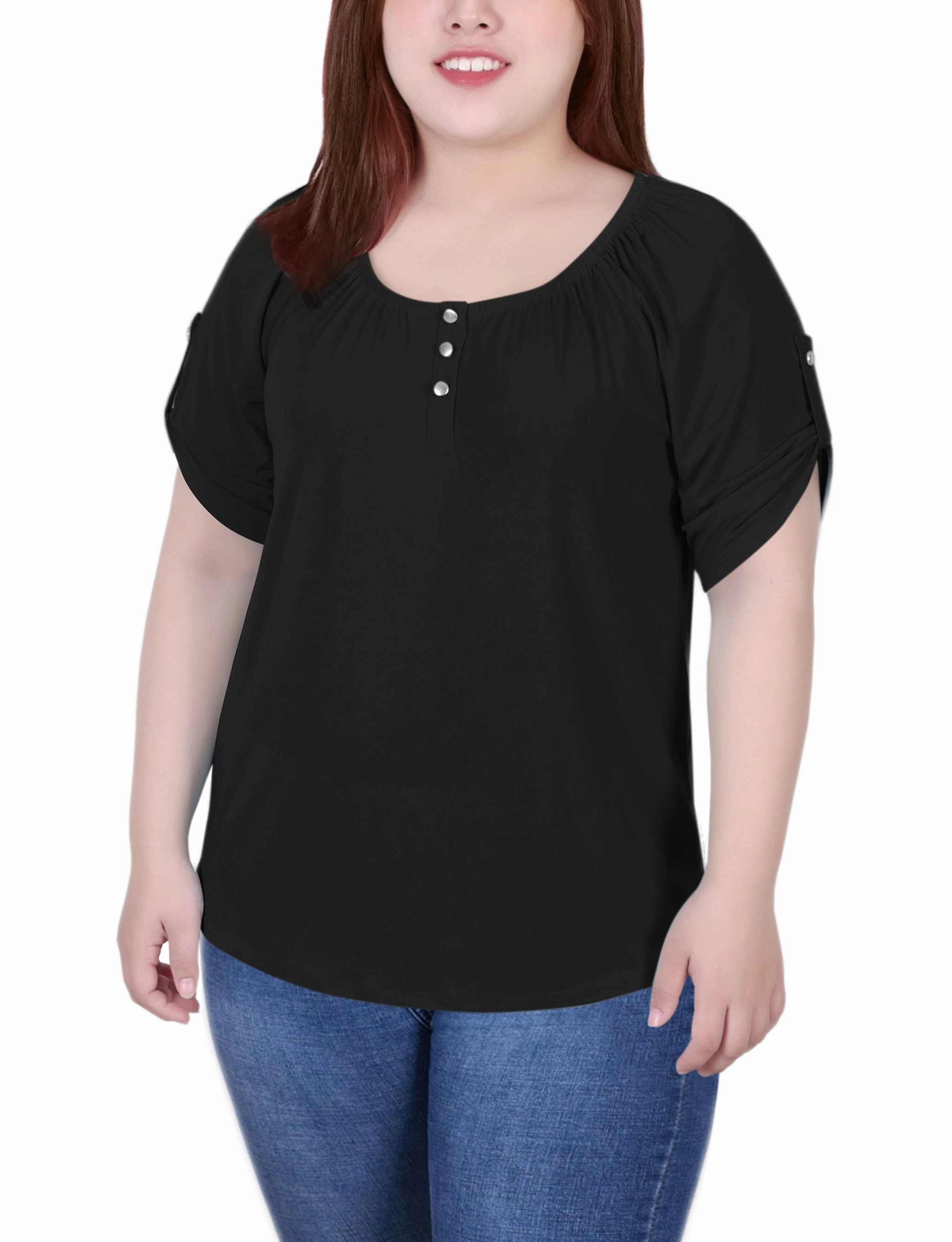EcoFriendlyMaterial Plus Size Short Sleeve Round Neck Henley Top