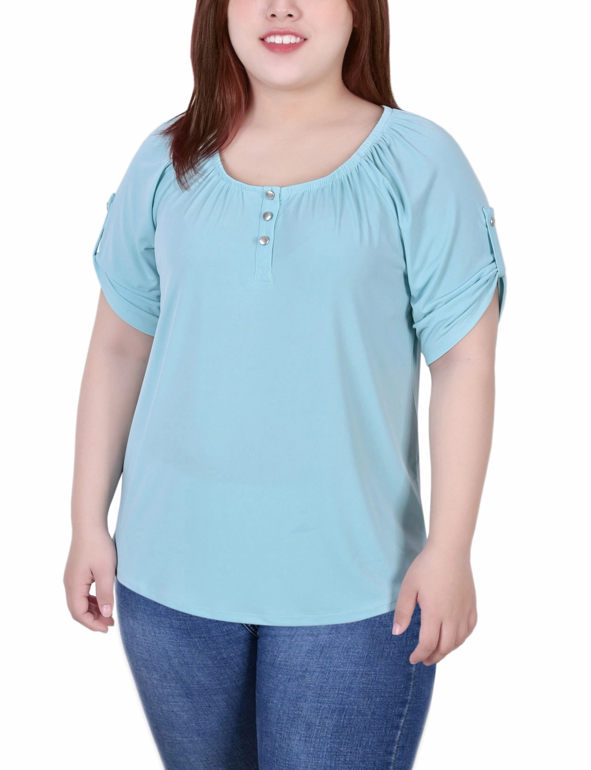 Plus Size Short Sleeve Round Neck Henley Top Ventilated Side Panels QuickRelease Fastener