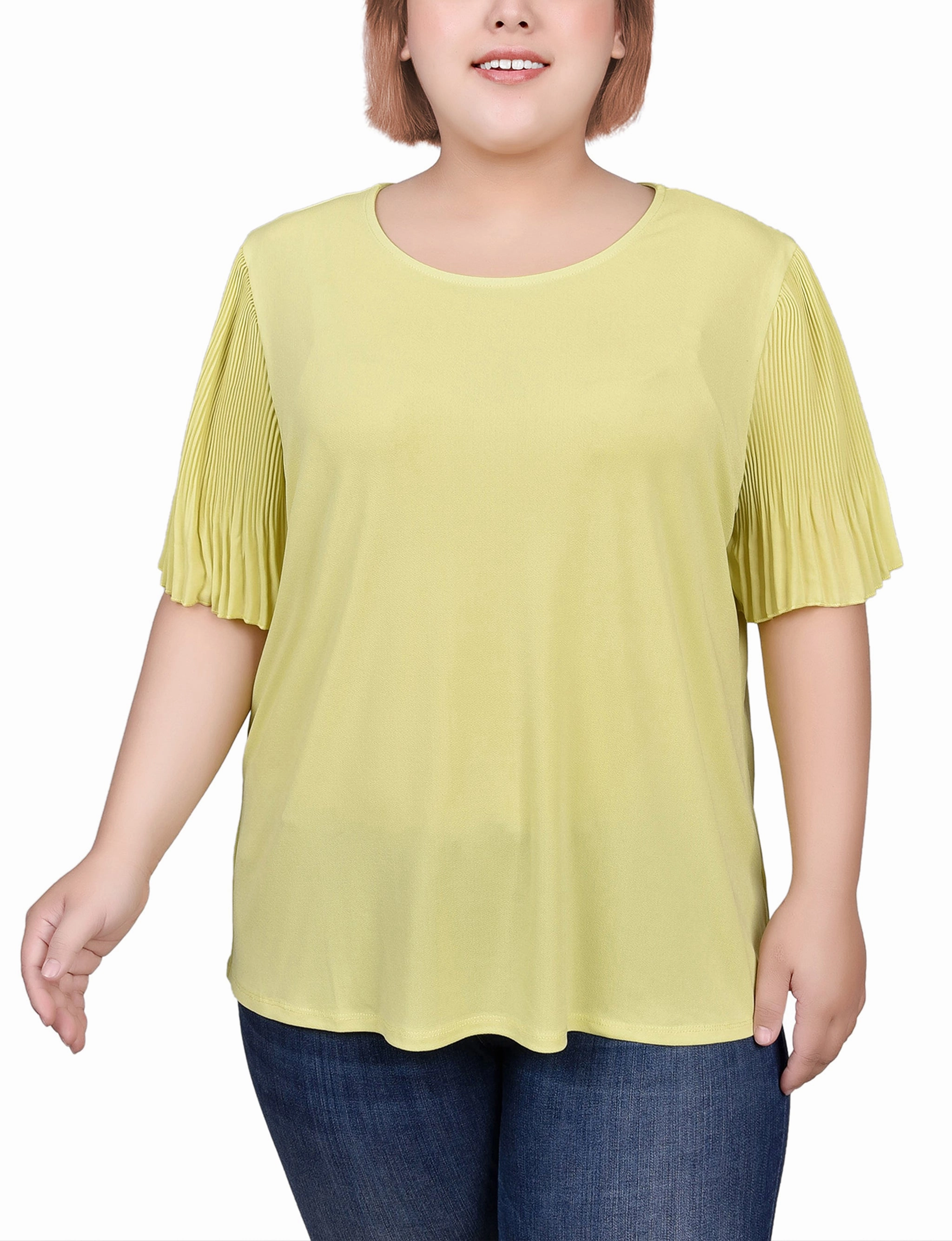 Plus Size Pleated-Sleeve Top Odor Resistant Coating Metallic Fiber Blend