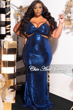 Easy Stretch Final Sale Plus Size Spaghetti Strap Sequin Gown with Cut Outs in Royal Blue