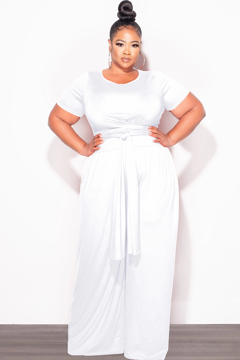 Final Sale Plus Size 2pc Short Sleeve Tie Top and Pants Set in White Natural Movement